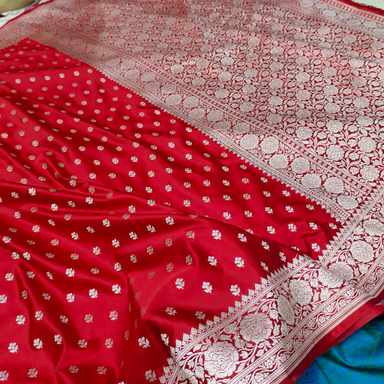 Banarasi mashru kataan silk saare in bridal red color