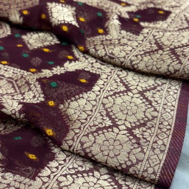 Khaddi Georgette Bandhej Weaving Banarasi Saree In Brown Hue