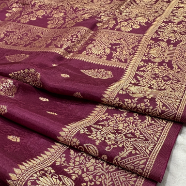 Pure Russian Silk Banarasi Saree With Floral Boota Work in Wine 
