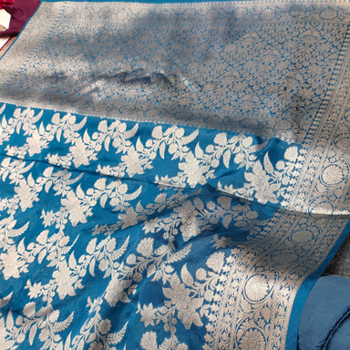 German Blue Warm Silk Banarasi Saree - All Over Traditional Jaal Work