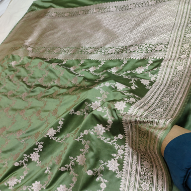 Pista Pure Mashru Silk Banarasi Saree - All Over Traditional Jaal Work 