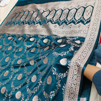 German Blue Pure Mashru Silk Banarasi Saree - All Over Traditional Jaal Work 