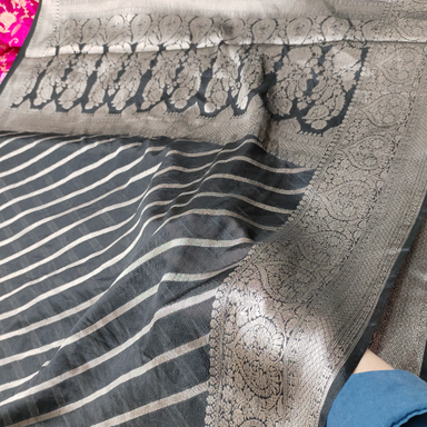 Black Hue Warm Silk Banarasi Saree - All-Over Diagonal Zari Line