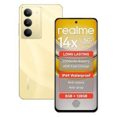 realme 14X Smartphone 5G 6GB RAM 128GB ROM 6.67" HD+ Display 120Hz 45W SuperVOOC Charge IP69 Waterproof 50MP Camera Support Fingerprint GPS WiFi Bluetooth (Gold)