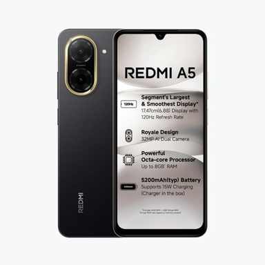 Redmi A5 Just Black (4GB RAM 128GB Storage) | Royale Design | Segment's Largest 17.47cm(6.88) and Smoothest 120Hz Display | 5200mAh Large Battery | Expandable Storage up to 2TB