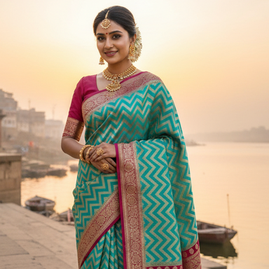 Vibrant Aqua & Magenta Semi-Katan Georgette Silk Banarasi Saree