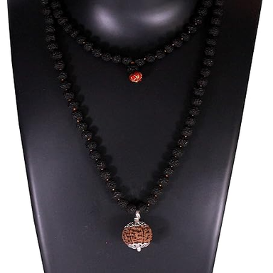 ShivaRatna 7 Mukhi Nepali Rudraksha Guru Mani with 108+1 Beads of 5 Mukhi Rudraksha Mala (Pure Silver Cap + Lab Certified)