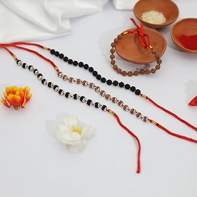 SHIVARATNA Rakhi Set Of 4 (2 Rudraksha Rakhi With Silver Cap) (2 Rudraksha Rakhi) With Roli Chawal