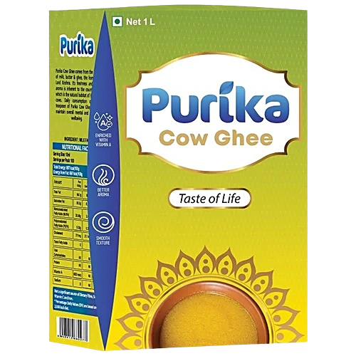 Purika Desi Cow Ghee 1 Litre (Pure Cow Ghee, Traditional Bilona Style, Rich Aroma for Cooking & Sweets)