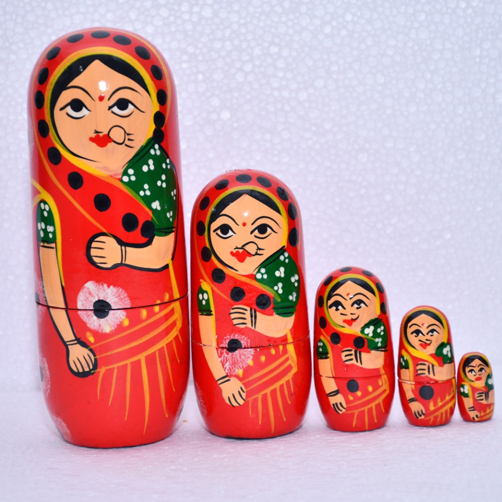 Wooden Red Indian Lady Doll 5-in-1 Nesting Set 6.75 Inch – Handcrafted Traditional Wooden Nesting Dolls