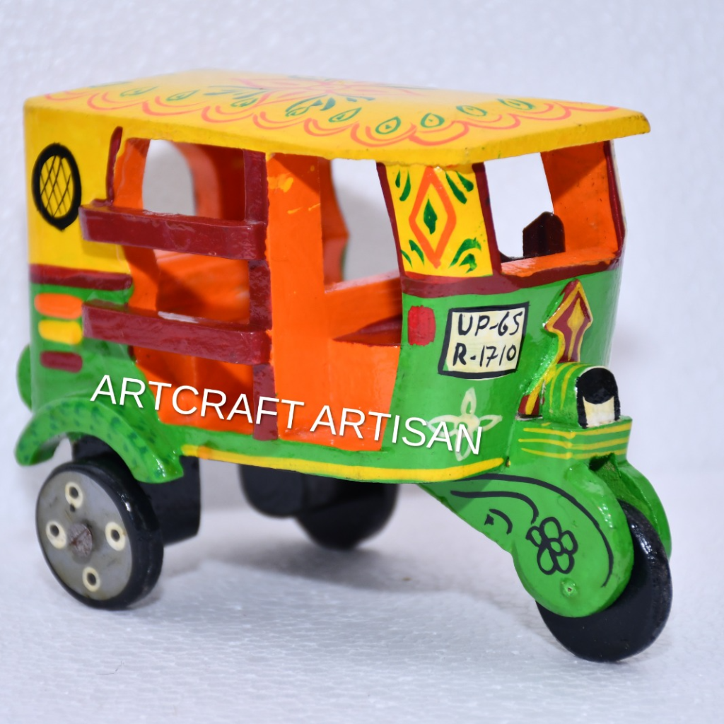 Wooden Miniature Auto 4-Inch (Handcrafted Decorative Auto Rickshaw Model, Traditional Indian Souvenir)