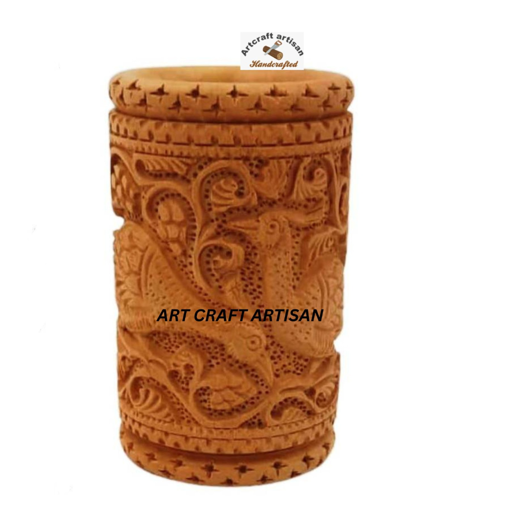 Wooden Carved Pen Stand 4-Inch (Handcrafted Wooden Desk Organizer, Decorative Office & Tabletop Holder)