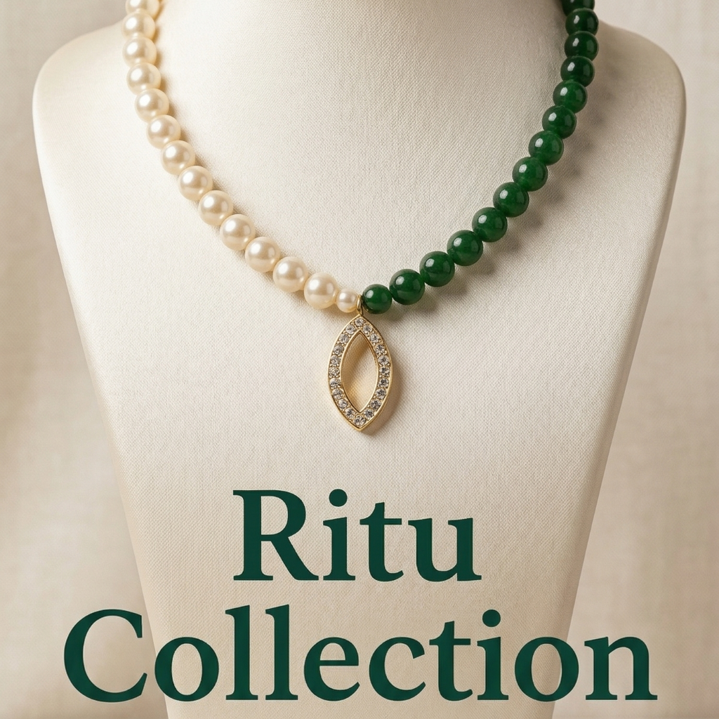 Pearl Necklace with Emerald Green & White Beads and AD Pendant – Elegant Designer Jewelry Set with Matching Earrings