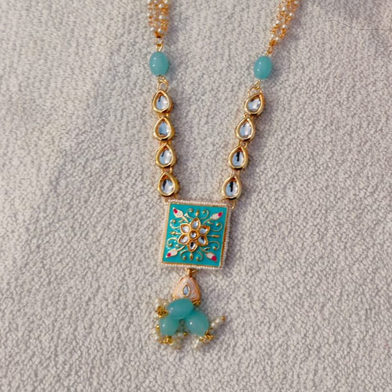 Turquoise Beaded Long Necklace with Kundan Drops & Enamel Pendant – Traditional Designer Jewelry Set