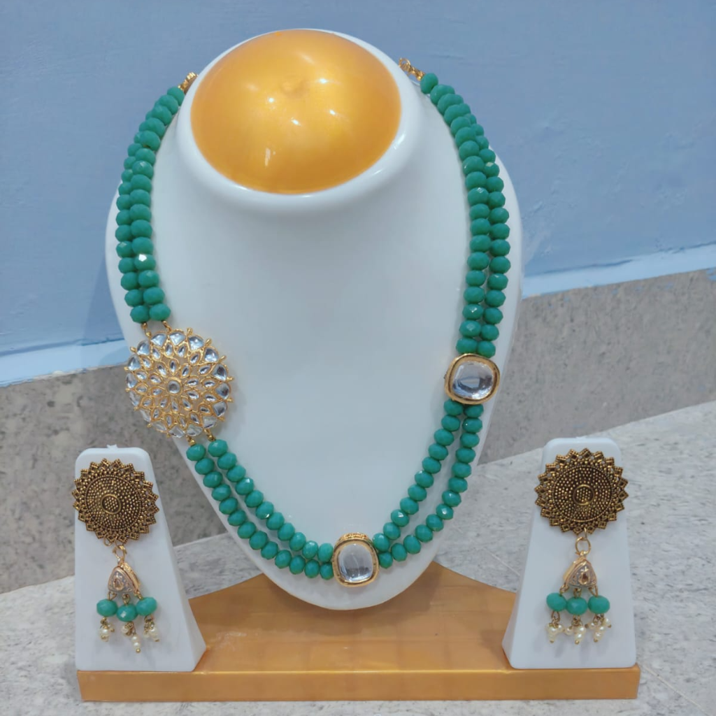 Emerald Green Double Layer Beaded Necklace Set with Kundan Stones & Designer Earrings – Traditional Ethnic Jewelry