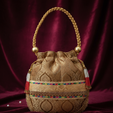 Bahudha handicraft golden banarasi brocade potli bag