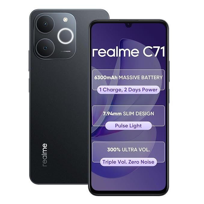 realme C71 4G Smartphone 4GB+64GB Black,6.745 inch Screen, 90Hz Eye Comfort Display, 6300mAh Battery, 37MP Cameras, Unisoc T7250 Chip, IP54