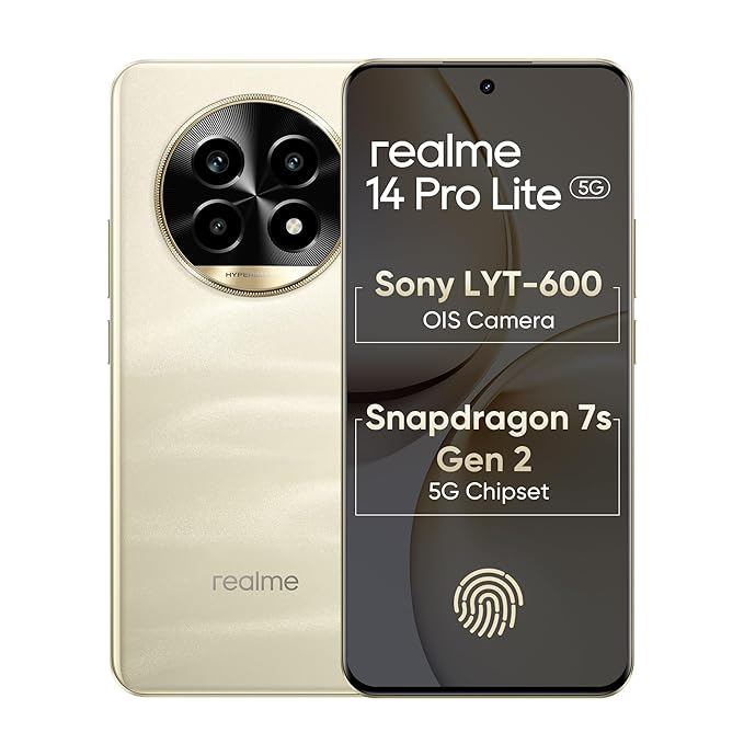 realme 14 Pro Lite 5G Smartphone 8GB+128GB Gold, 6.7 inch Screen, 120Hz Curved Vision Display, 5200mAh Battery, 45W Ultra Charge, 92MP Cameras, Snapdragon® 7s Gen 2 5G Chipset, IP65