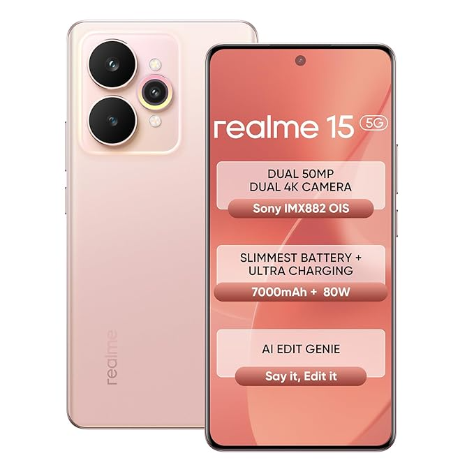 realme 15 5G Smartphone 8+256GB Pink,144Hz HyperGlow 4D Curve Display,7000mAh Battery,80W SuperVOOC,Dual 50MP 4K Cameras,Dimensity 7300+ Chipset,IP69
