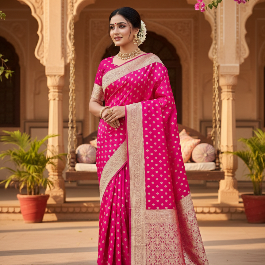 Elegant Rani Pink Banarasi Silk Saree with Gold Zari Butta and Rich Pallu – Festive Wear - Zaiba Sarees