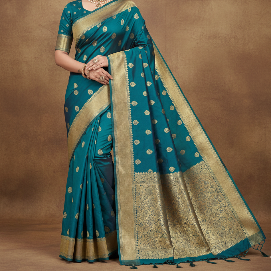 Enchanting Teal Blue Banarasi Silk Saree with Golden Zari Butta & Intricate Border – Festive & Wedding Wear- Zaiba Sarees