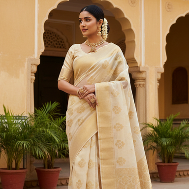 Premium Ivory Cream Banarasi Silk Saree with Antique Gold Zari Weaving & Diamond Border- Zaiba Sarees