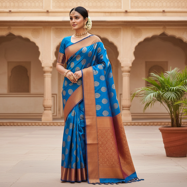Majestic Teal Blue Banarasi Silk Saree with Traditional Golden Zari Butta and Intricate Border - Zaiba Sarees