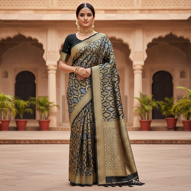 Premium Black Banarasi Silk Saree with All-over Antique Gold Zari Weaving and Traditional Border - Zaiba Sarees