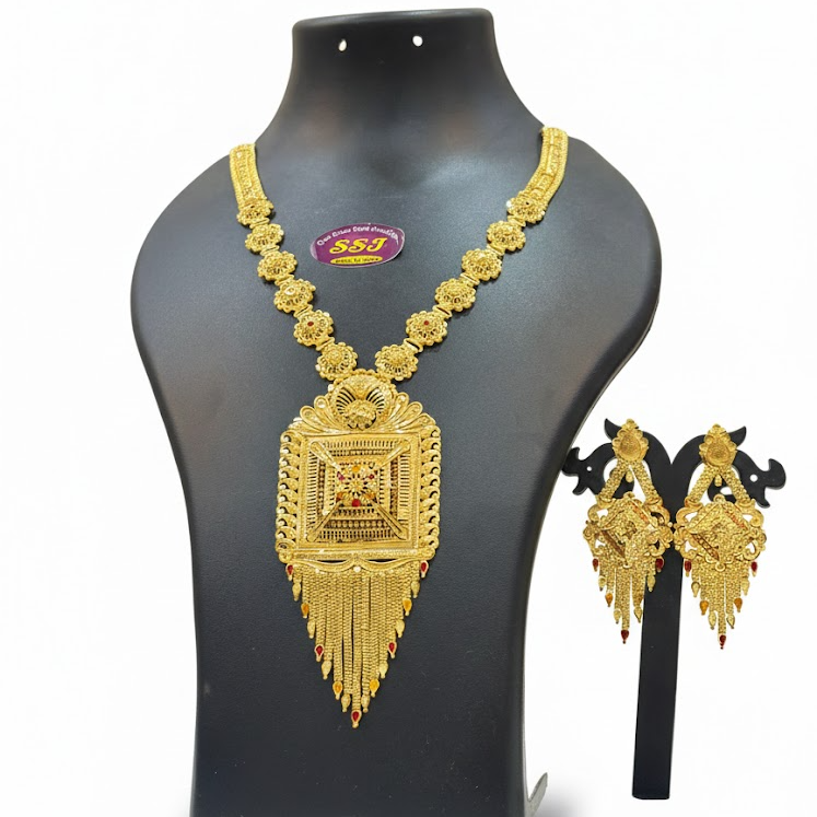 Traditional Gold-Plated Long Necklace Set with Matching Ear Set – Temple Style Bridal Imitation Jewelry for Women