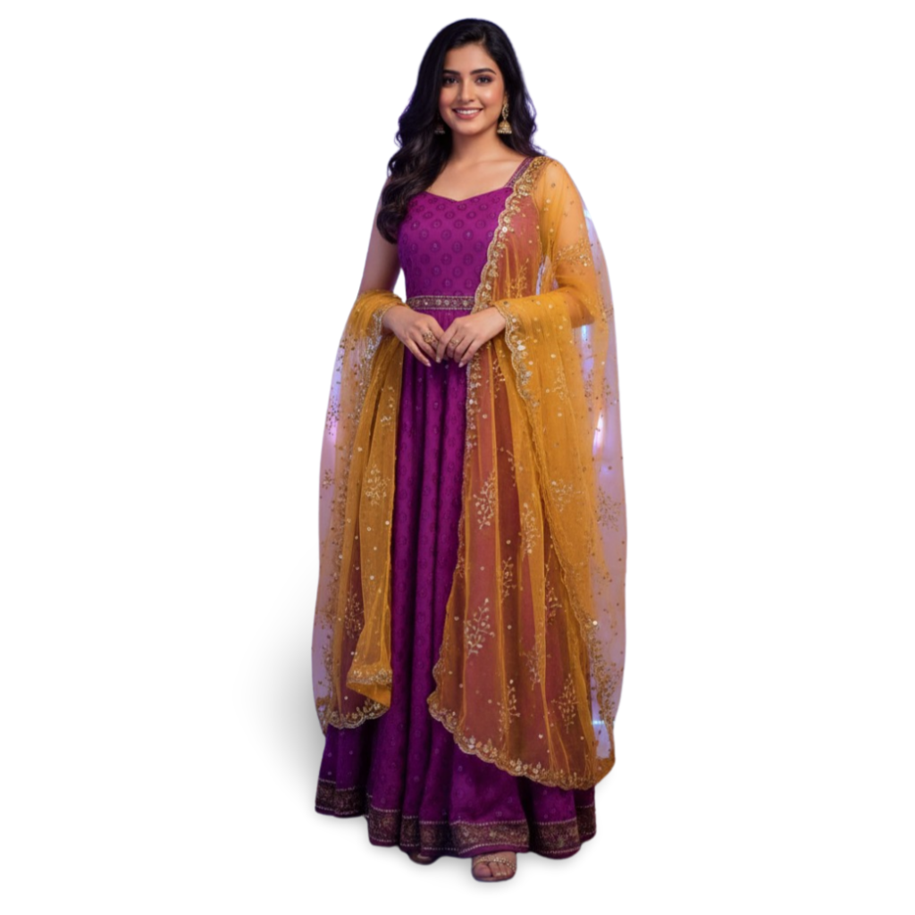 Radiant Purple Ethnic Dress Set with Embroidered Yellow Dupatta